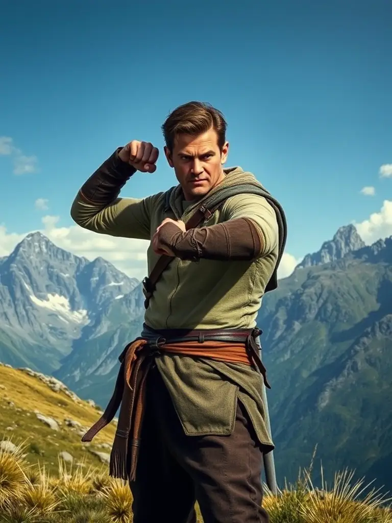 A focused image of a person in a powerful warrior pose, with a determined expression, set against a backdrop of a mountain range. This image represents the strength and empowerment gained through Hatha yoga.