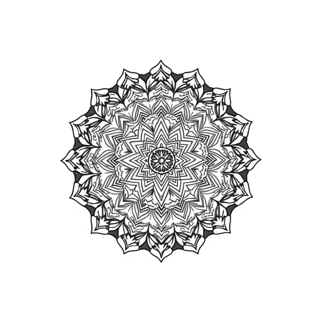 A black and white coloring page of a mandala with chakra symbols, designed for children.