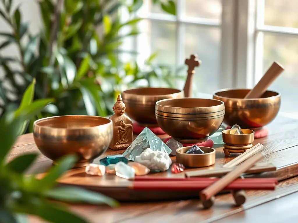 An image of a sound bowl with gentle light shining on it, surrounded by crystals and other spiritual objects.