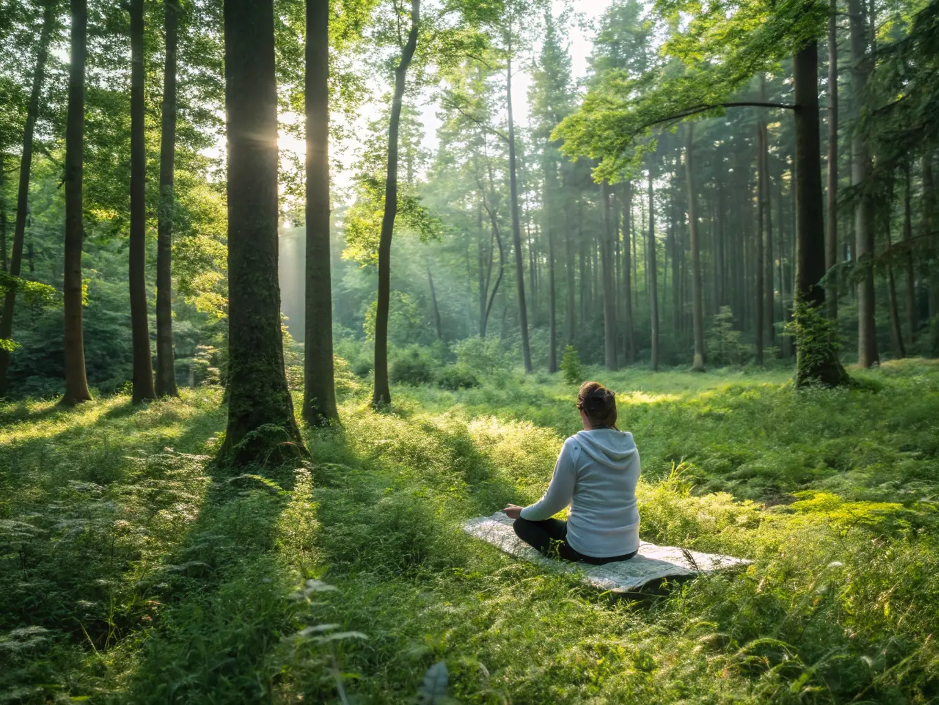 A serene image of a person in a meditative pose, surrounded by lush greenery, symbolizing the peace and tranquility gained from meditation practices.