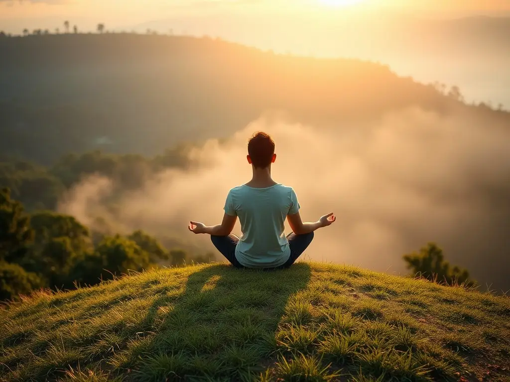 A serene image of a person meditating in a peaceful meadow at dawn, with soft pastel colors and a gentle, ethereal light.