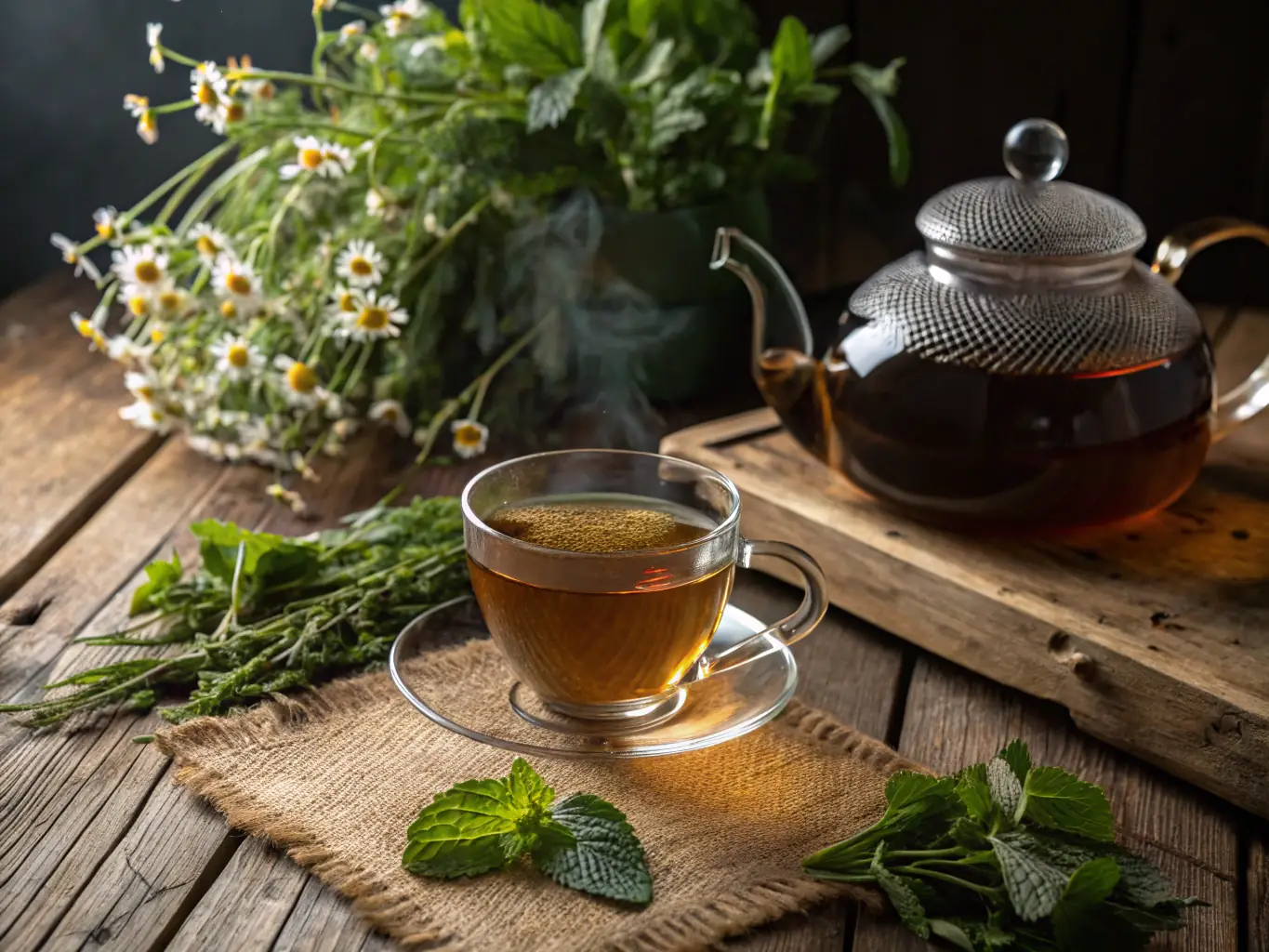 A person holding a cup of herbal tea in a sunlit room, with various herbs and natural ingredients displayed around them.
