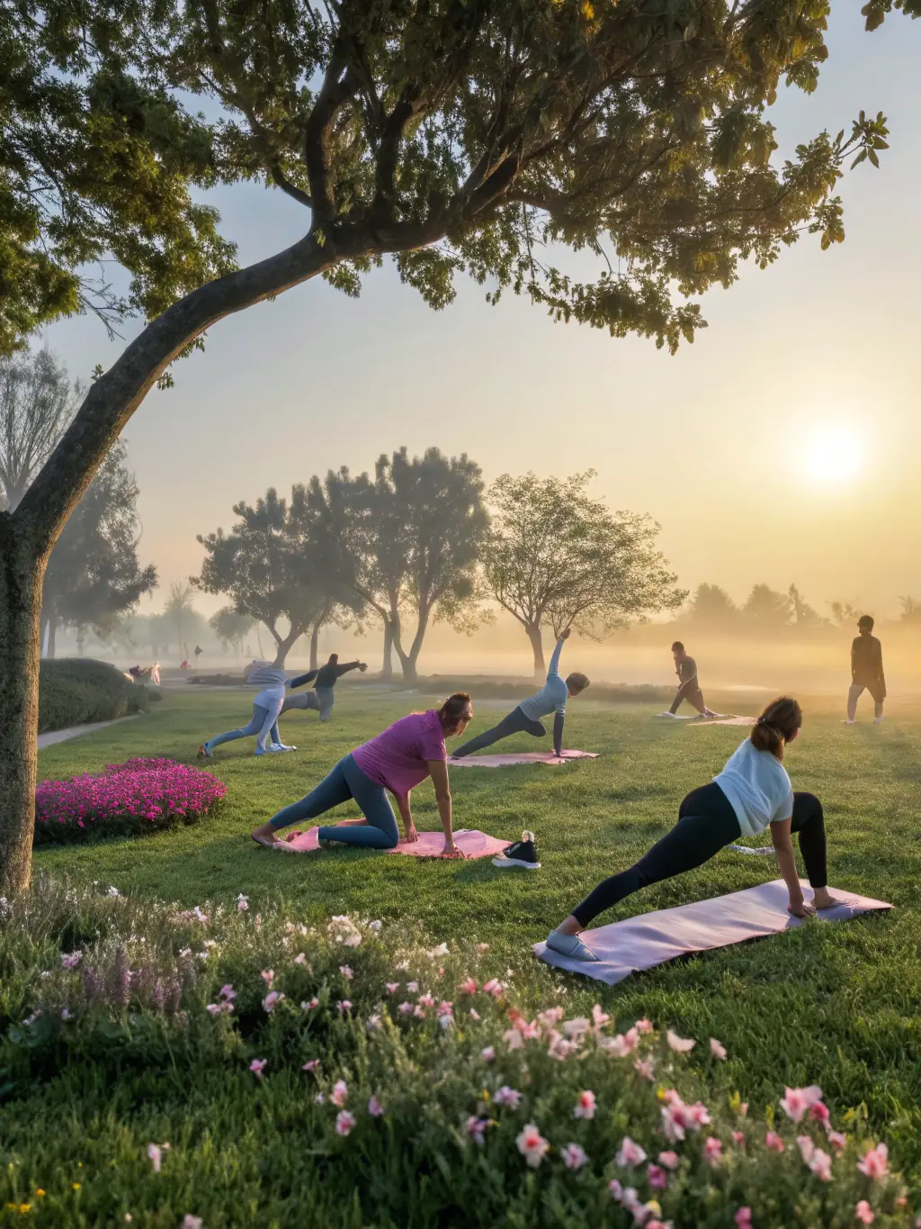 A vibrant image of a person performing a dynamic yoga flow, with a focus on core engagement, set against a backdrop of a sunrise. This image represents the energizing and creative aspects of Vinyasa yoga.