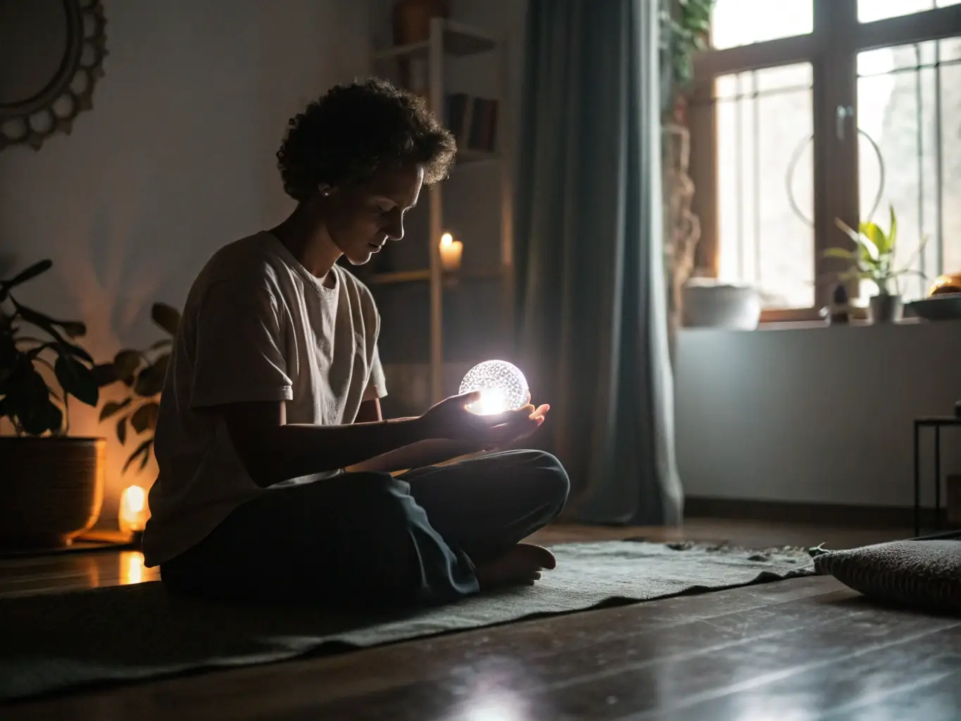 A serene image of a person meditating with chakra stones arranged around them, bathed in soft, pastel light, symbolizing holistic healing products.