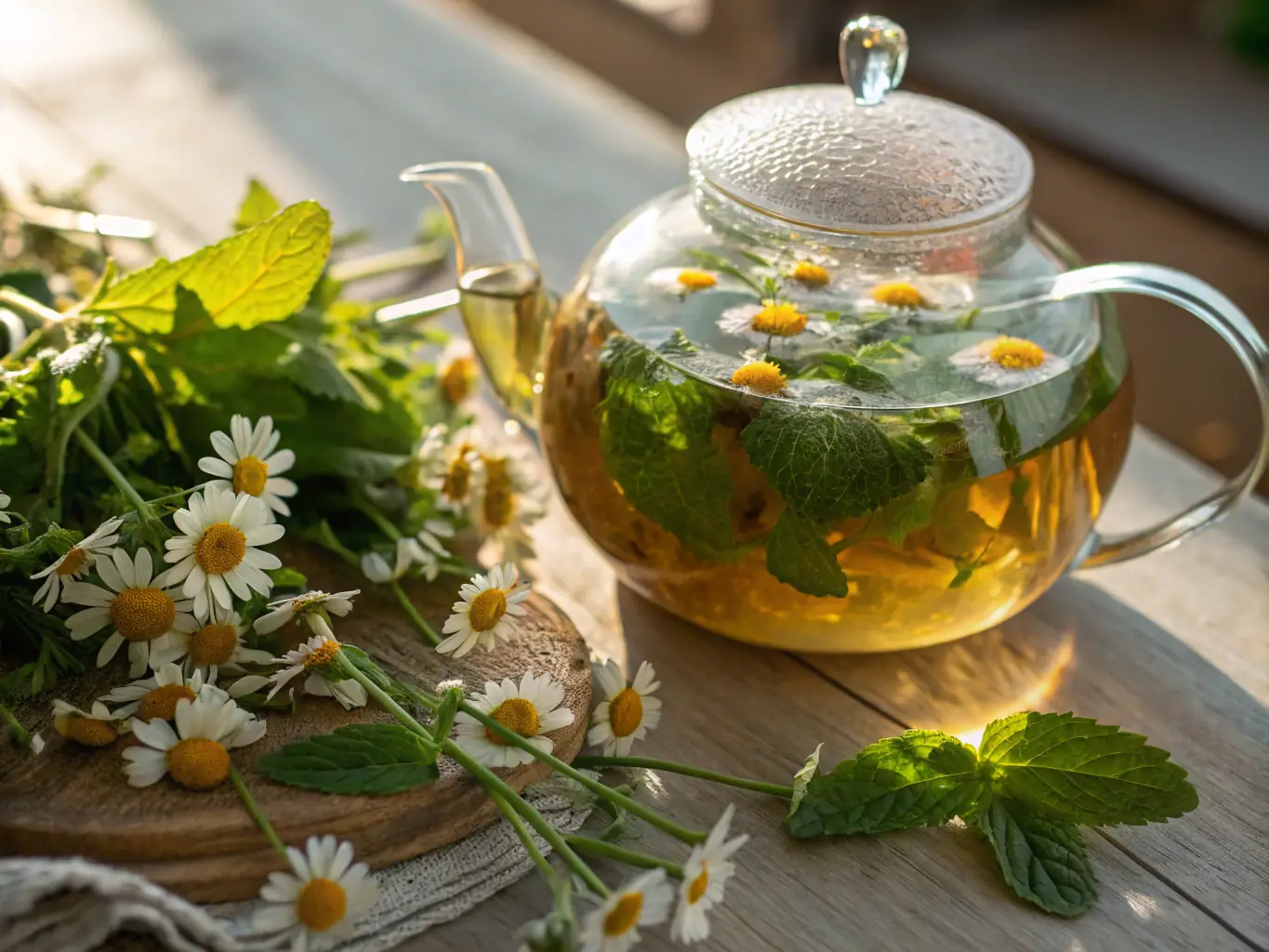 A calming image of herbal tea ingredients, such as chamomile and lavender, arranged artfully, representing natural remedies and herbal teas.