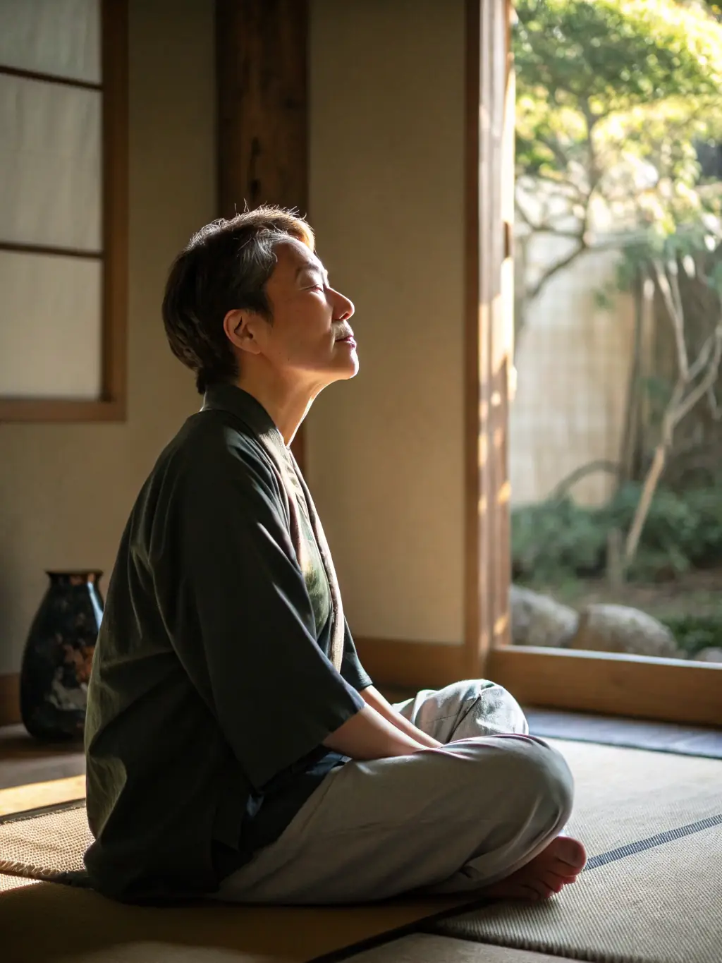 A person meditating with a clear intention, visualizing their goals with a vision board in the background, representing manifestation techniques at Dawn Meadows World.