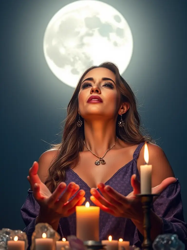 A person performing a simple moon ritual with candles and crystals, connecting with the lunar energy, representing spiritual rituals at Dawn Meadows World.