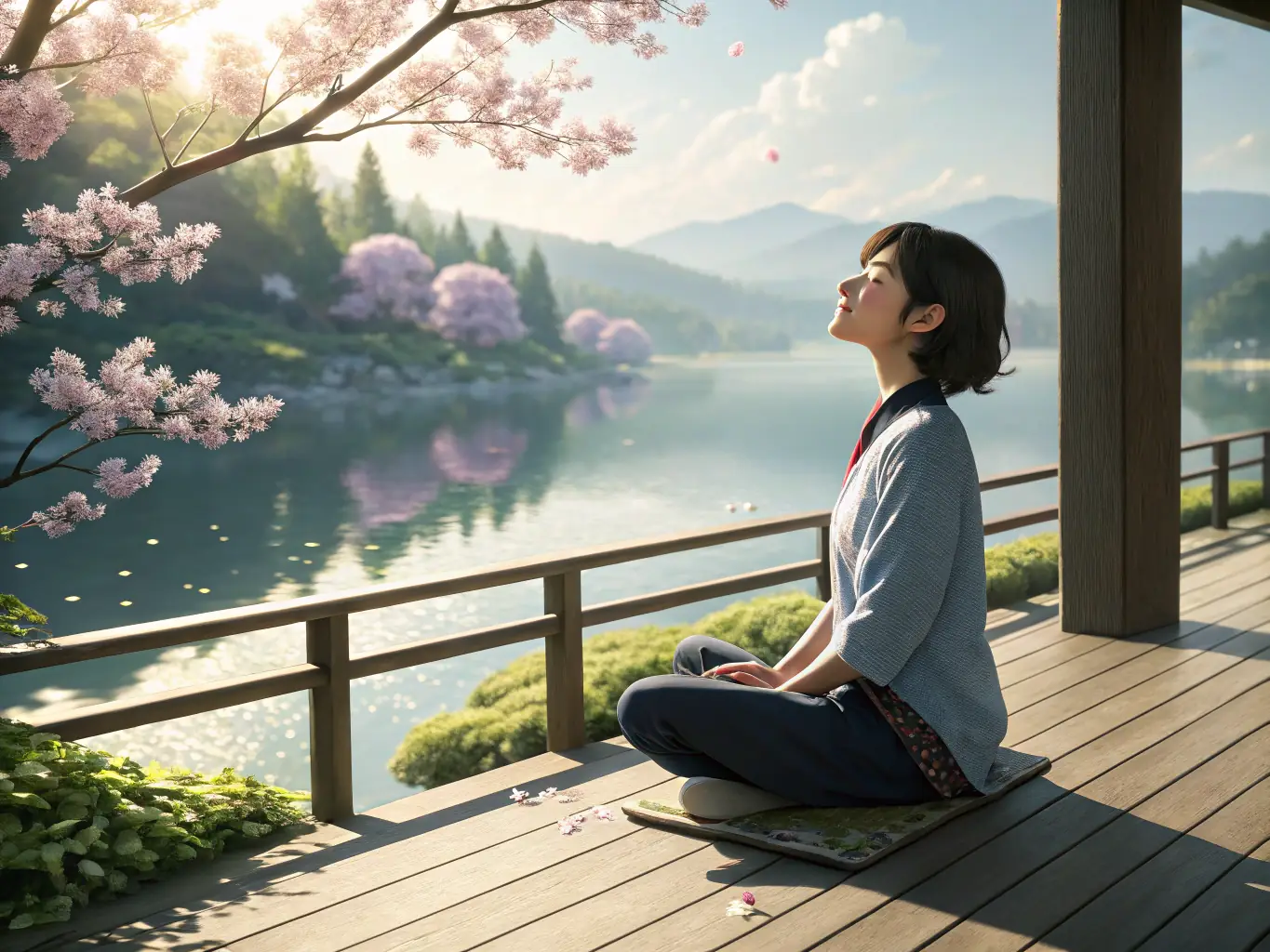 A calming image of a person practicing deep breathing exercises by a tranquil lake, with chakra symbols subtly incorporated into the background.