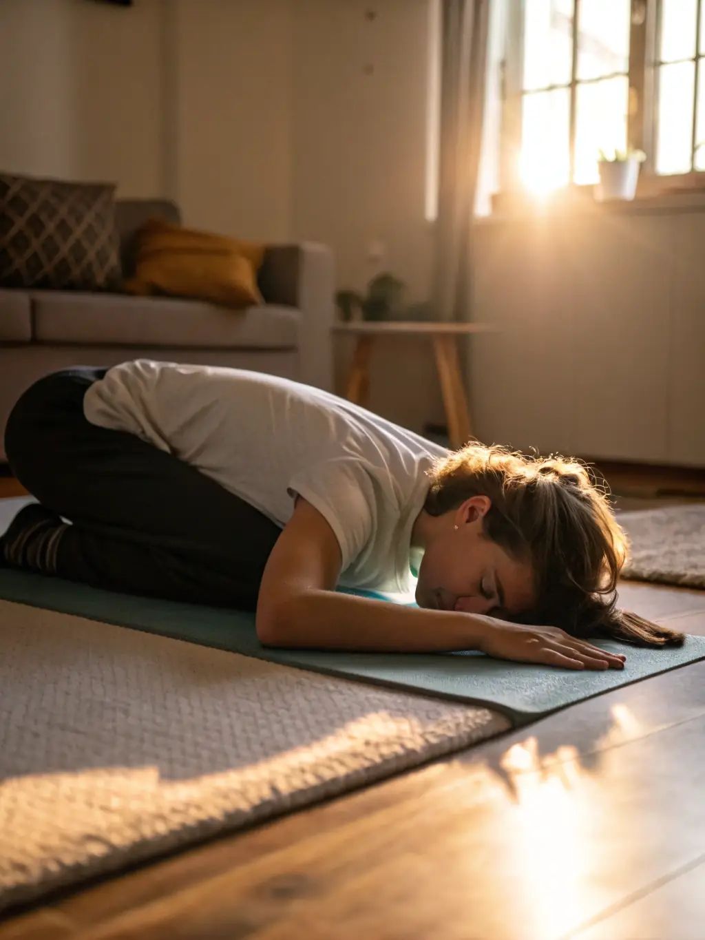 A serene image of a person in a restorative yoga pose, bathed in soft, warm light, with chakra symbols subtly overlaid. This image represents the calming and balancing effects of restorative yoga on the chakras.