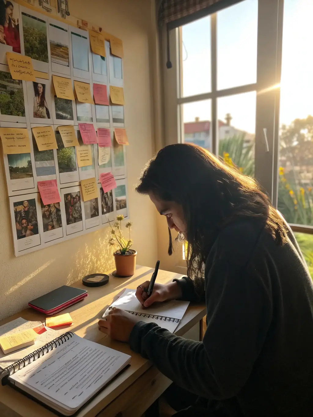 A person writing in a journal with affirmations and self-love prompts, surrounded by flowers and crystals, representing self-love journaling at Dawn Meadows World.