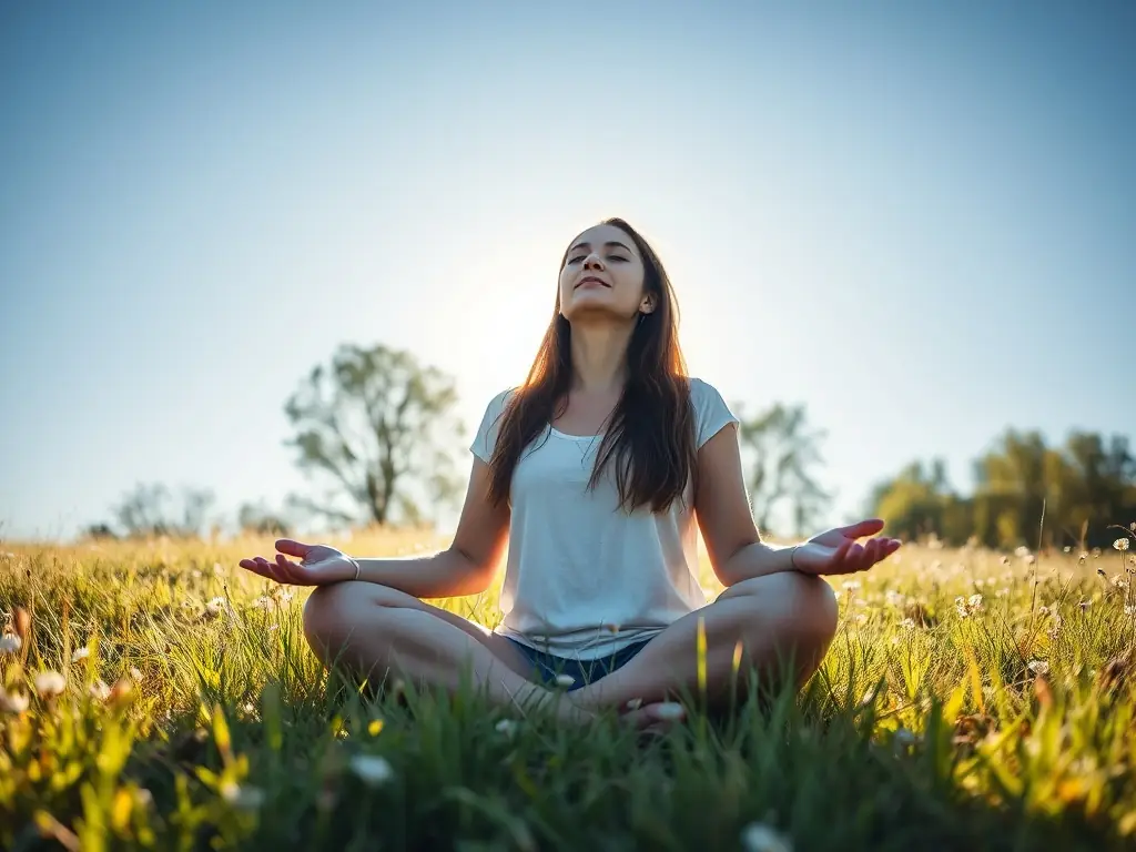 A serene image of a person meditating in a peaceful meadow at dawn, with soft pastel colors and a gentle, ethereal light.