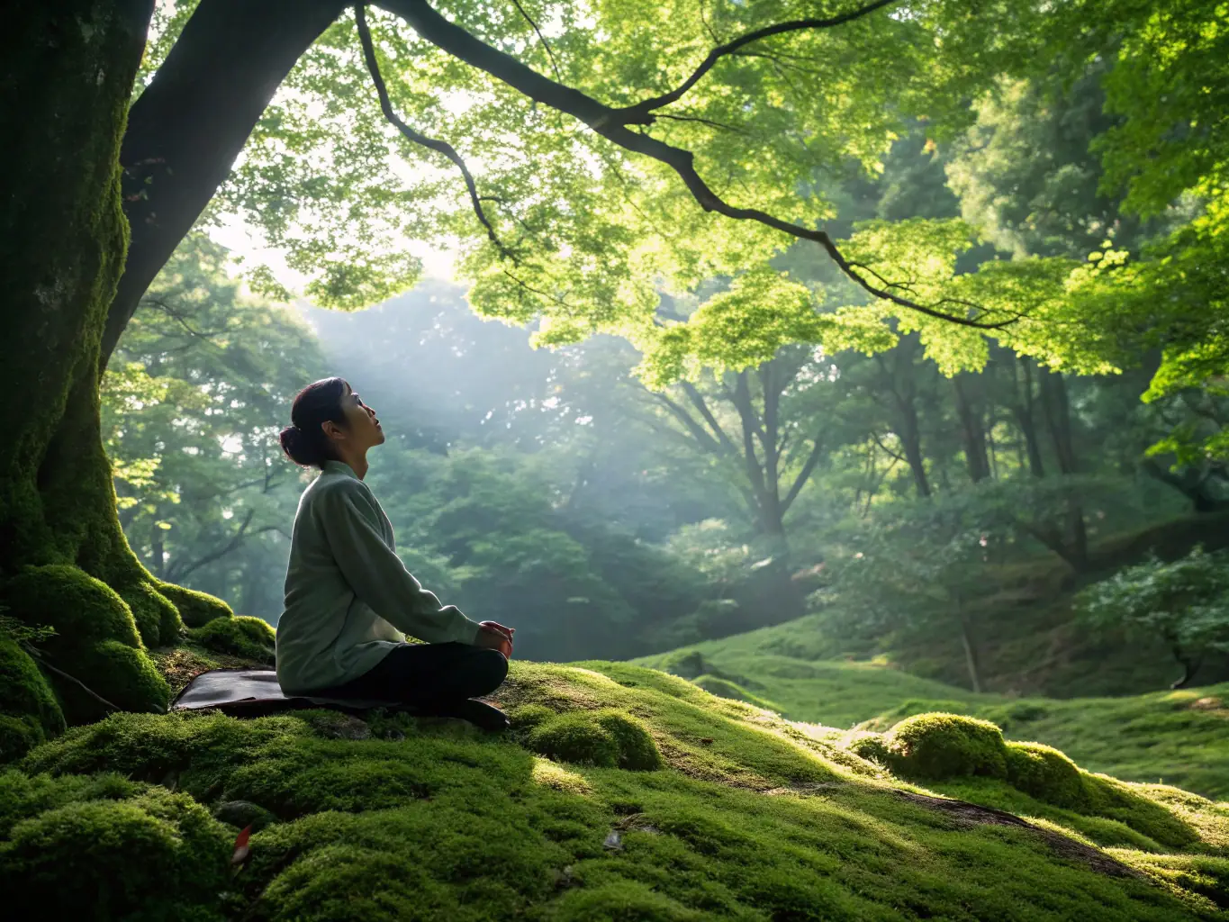 An image of a person practicing deep breathing exercises in a tranquil forest setting, with sunlight filtering through the trees.